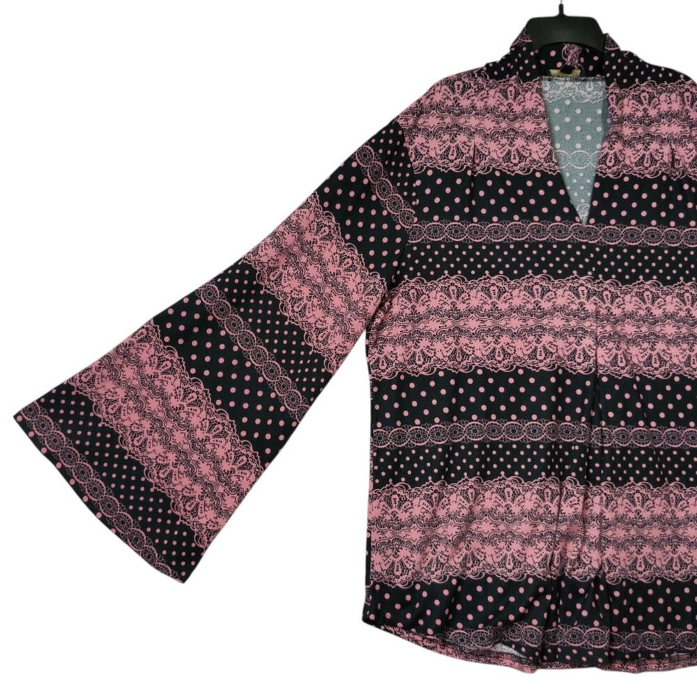 Suzanne Betro Wide Sleeve V-Neck Top Pink Black Women's Size 3X